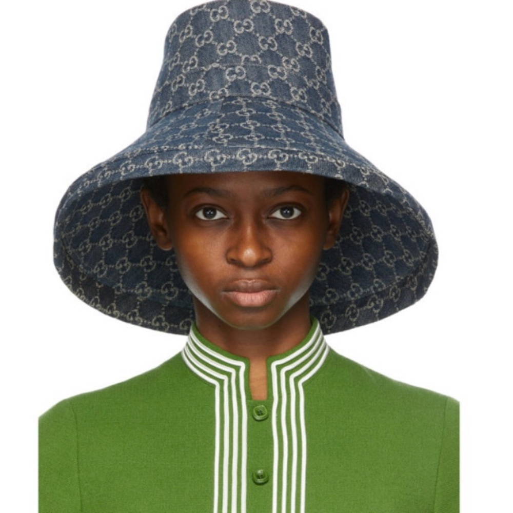 Gucci Bucket Hat GG Monogram Wide Large Brim Jacquard Canvas Denim New - Picture 4 of 11
